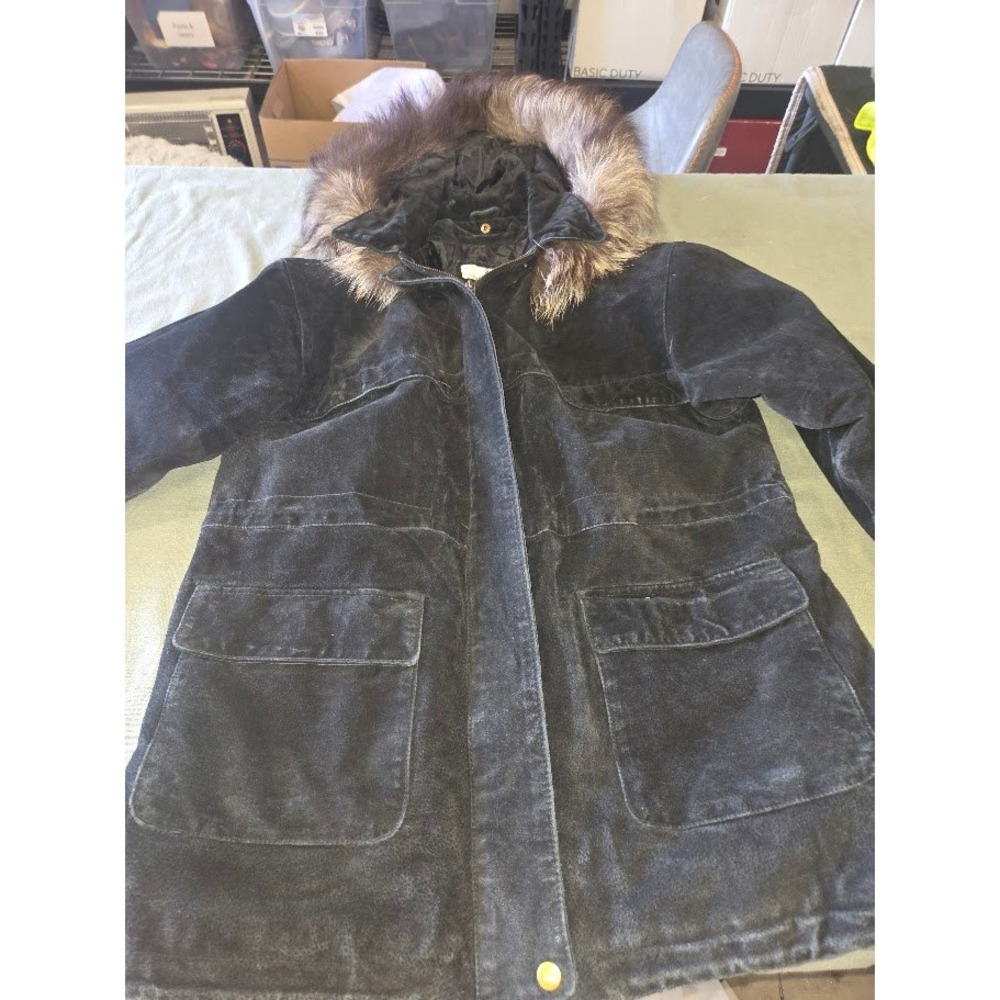 Danielle Martin Black Leather Suede Parka  Fox Fur Trim Hood Jacket Size M